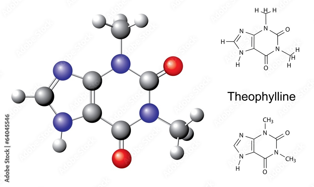 Structural chemical formula and model of theophylline molecule Stock ...