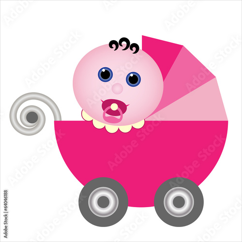baby girl with dummy in vintage pink stroller