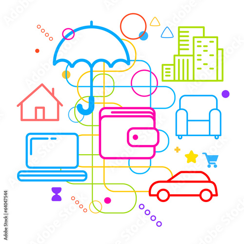 Symbols of property insurance online on abstract colorful light