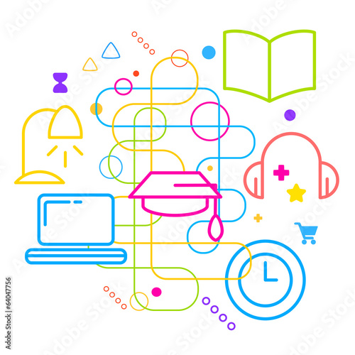 Symbols of education on abstract colorful light background with