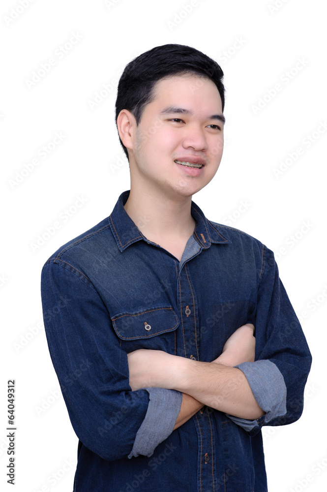 Portrait of asian man wearing jeans shirt Portrait of asian man wearing jeans shirt