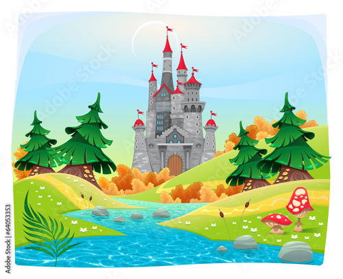 Mythological landscape with medieval castle.