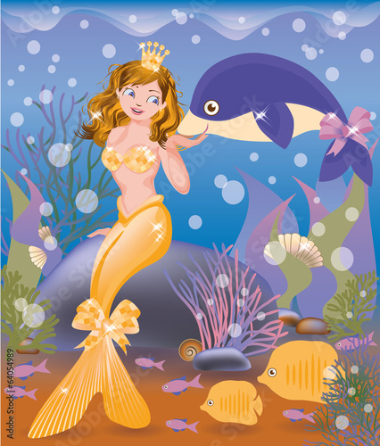 Beautiful golden mermaid girl and dolphin, vector