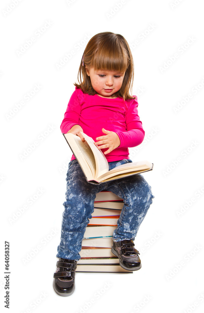 beautiful little girl with big stack of books beautiful little girl with big stack of books
