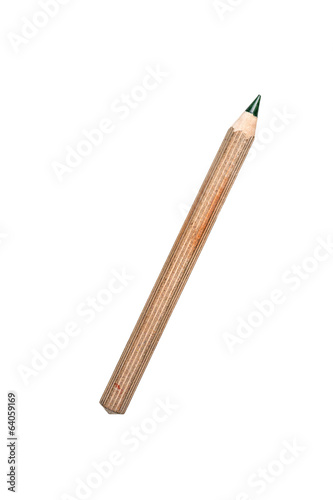 old used green crayon pencil, isolated on white
