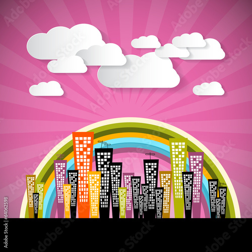 Abstract Retro Pink Background with Clouds and Houses