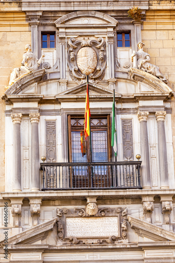 Fototapeta premium Ornate Spanish Government Building Window Crest Flags Granada