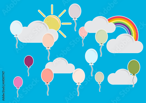 Colorful mini balloon with blue sky cloud sun and rainbow