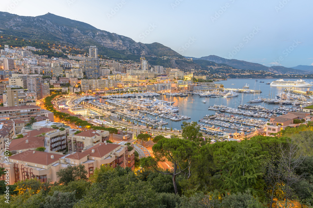 Fototapeta premium Aerial view of Monaco just after sunset