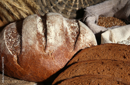 Composition with rye bread on wicker background