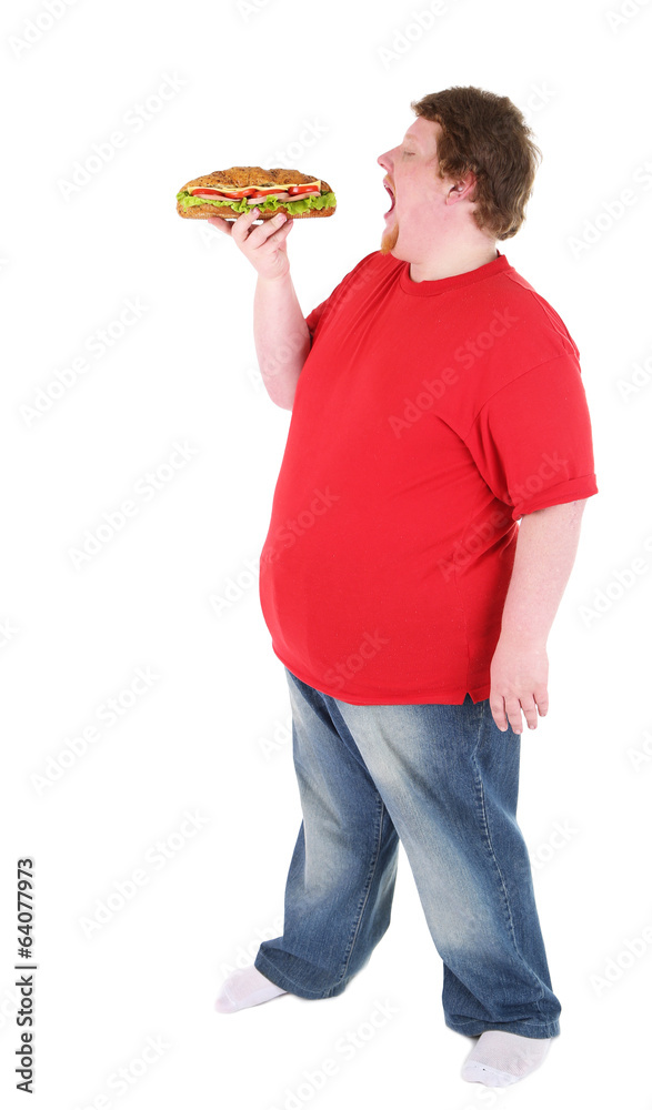 Fat man holding sandwich, isolated on white Fat man holding sandwich, isolated on white