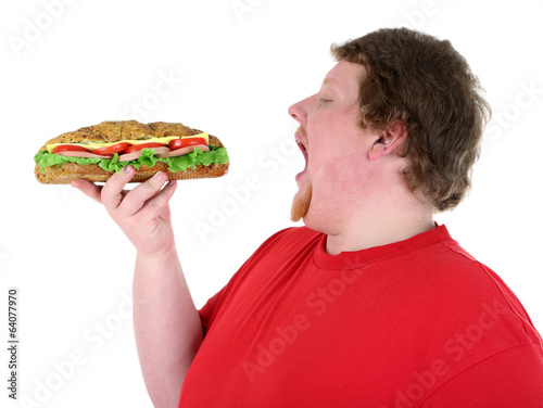 Fat man holding sandwich, isolated on white