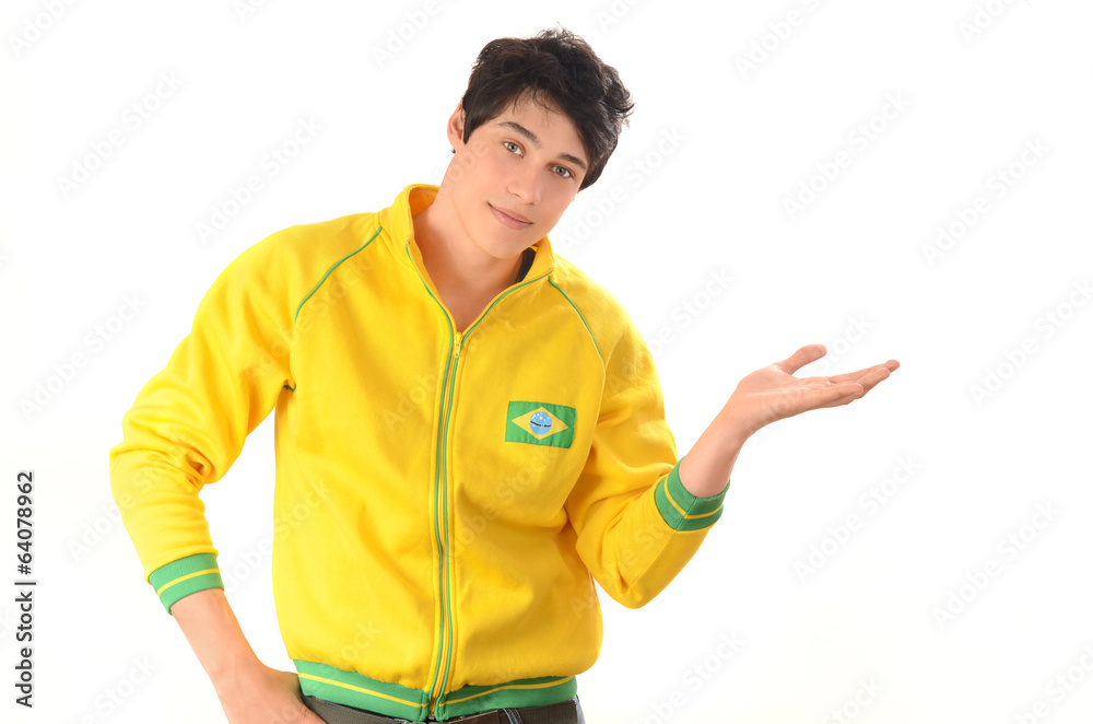 Brazilian man presenting.Happy football fan in sport blouse. Brazilian man presenting.Happy football fan in sport blouse.