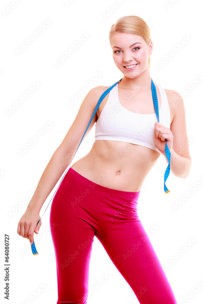 Diet. Fitness woman fit girl with blue measure tape Diet. Fitness woman fit girl with blue measure tape