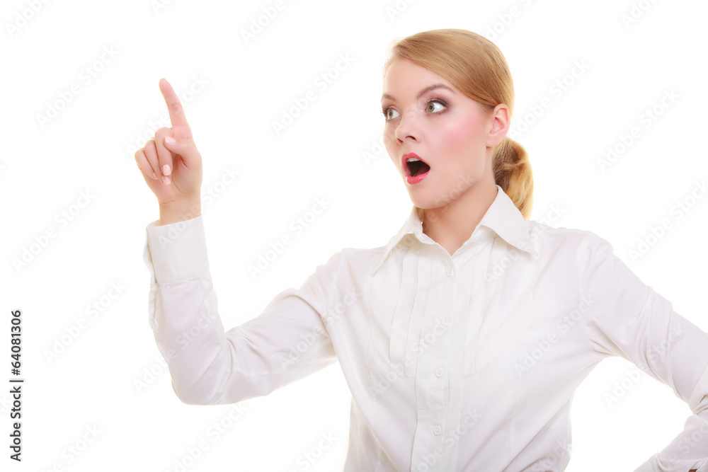 Surprised businesswoman pressing button or showing copy space Surprised businesswoman pressing button or showing copy space