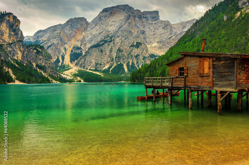 Boathouse at the Braies Lake on a cloudy day,Dolomites,Italy