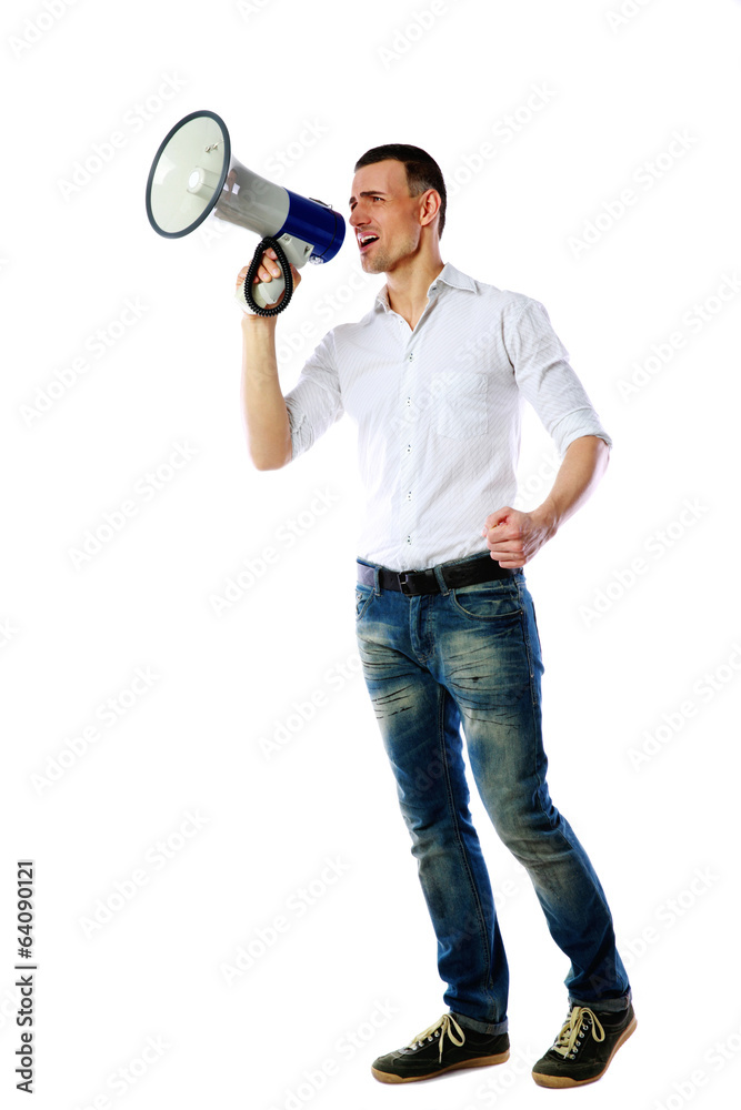 Man shouting through megaphone over white background Man shouting through megaphone over white background