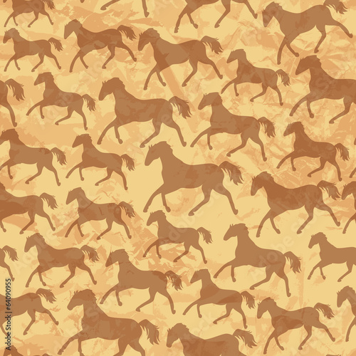 seamless pattern with wild horses Silhouettes on old paper textu