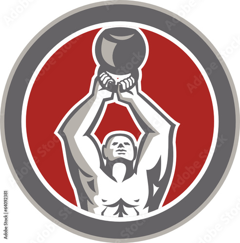 Strongman Lifting Up Kettlebell Circle Retro