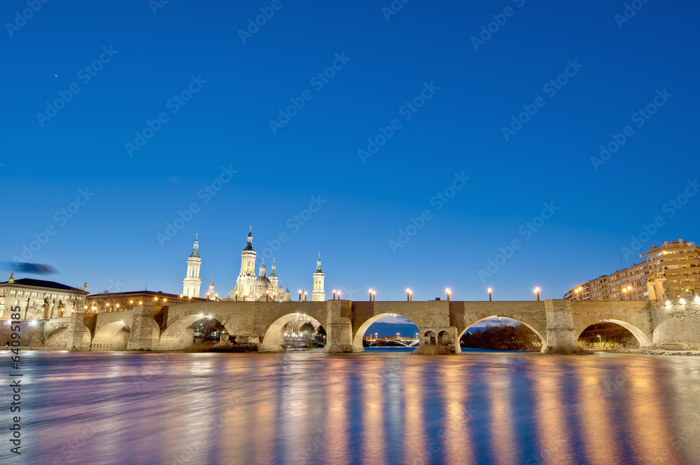 Stone Bridge across the Ebro River at Zaragoza, Spain