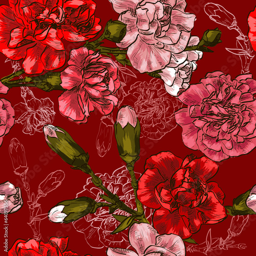 Seamless background with red flower carnation