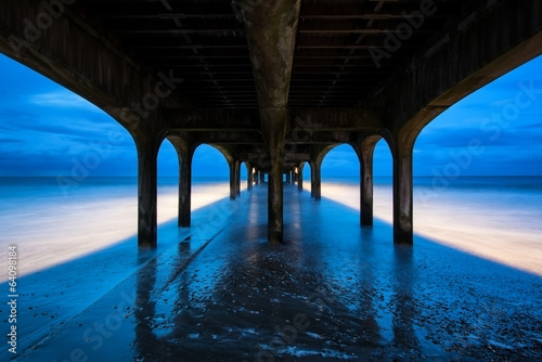 Twilight dusk landscape of pier stretching out into sea with moo © veneratio
