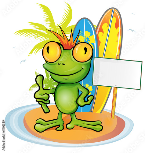 Fototapeta frog cartoon surfer on island background