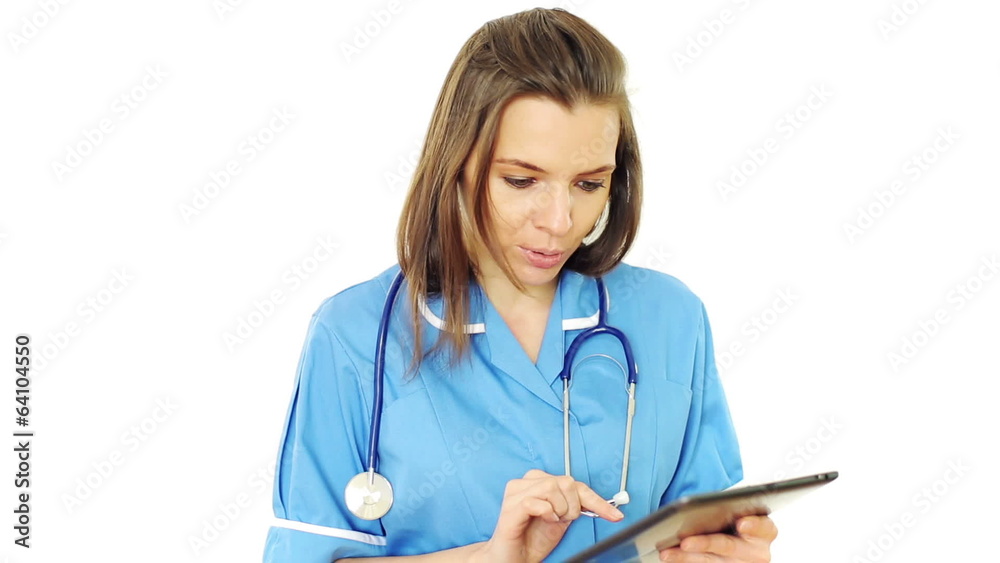 Female doctor talking bad news with tablet computer, isolated Female doctor talking bad news with tablet computer, isolated