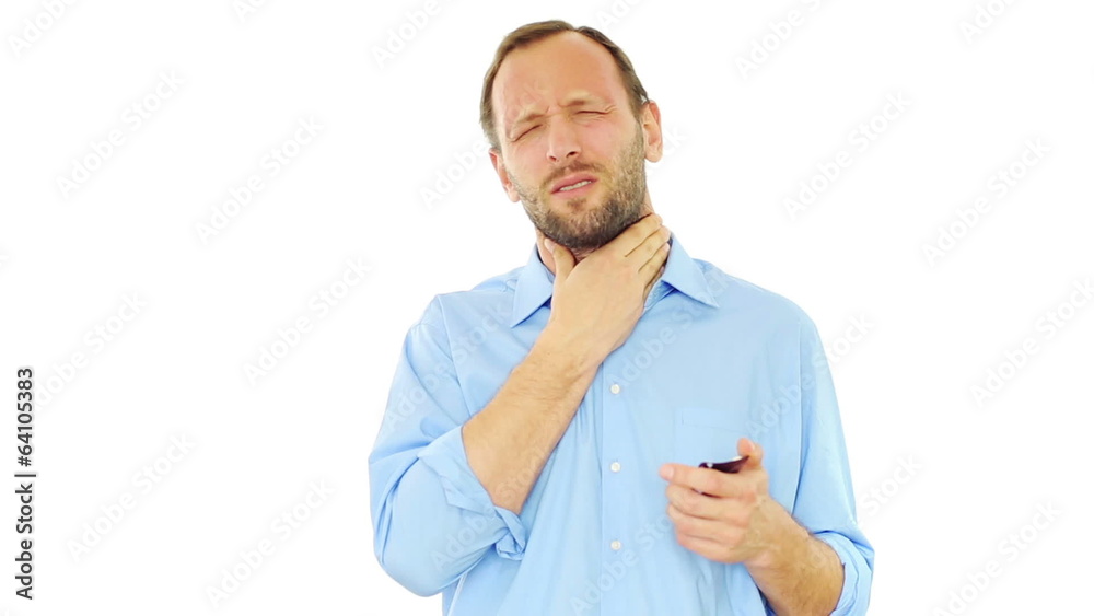 Sick man with sore throat taking pill, isolated on white Sick man with sore throat taking pill, isolated on white