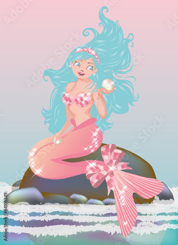 Young mermaid with pearl, vector illustration