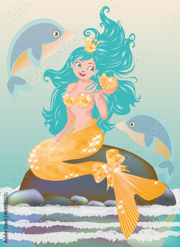 Dekoracja na wymiar  young-mermaid-with-golden-seashell-vector