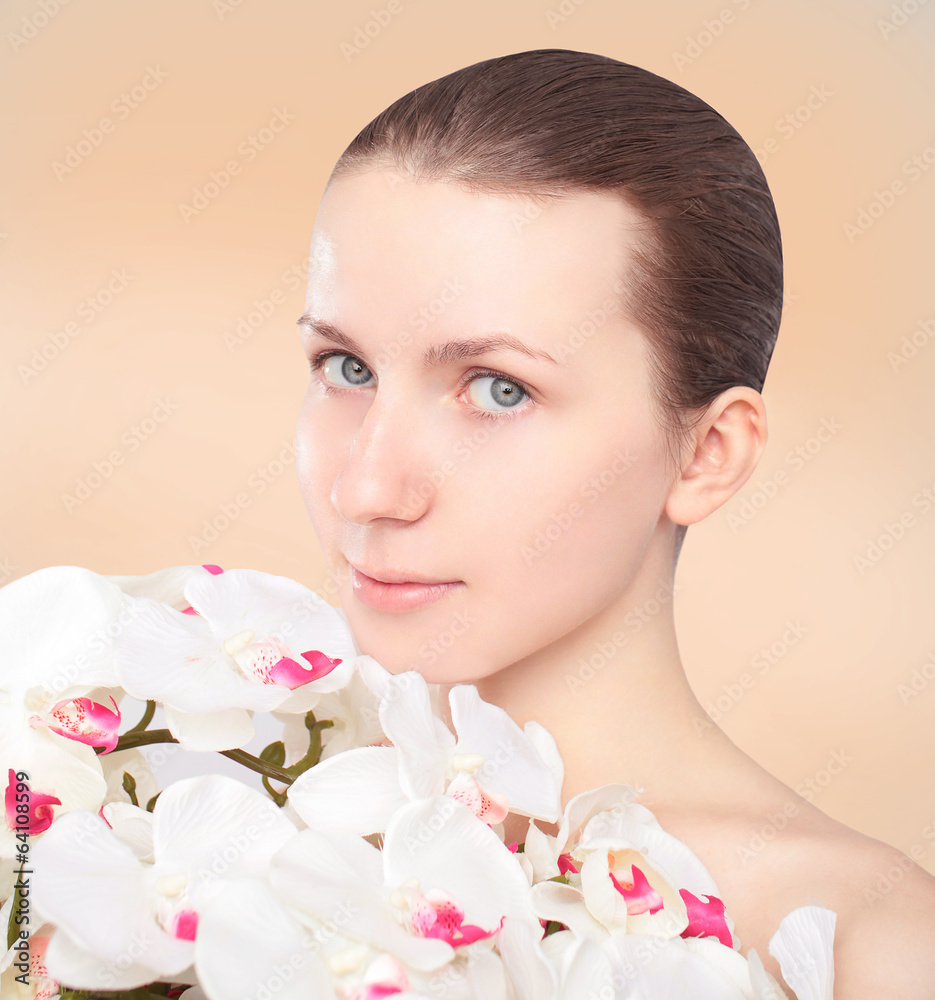 Naklejka premium Lovely cute girl with flowers