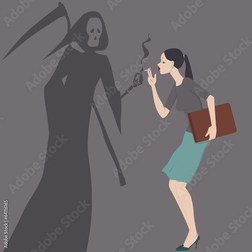 Grim Reaper giving a light to a woman with a cigarette