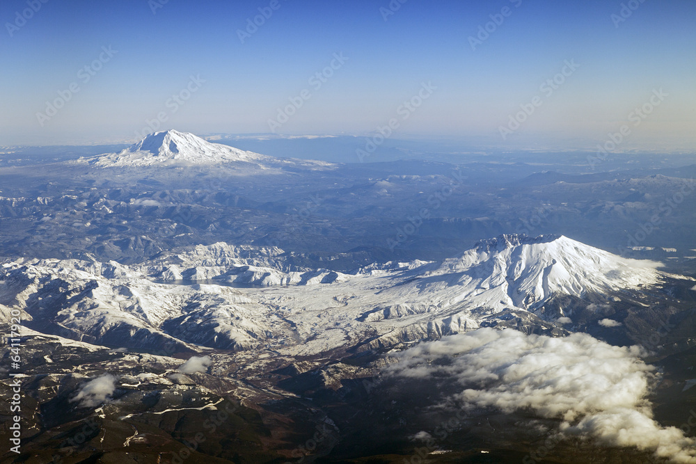 An Aerial view of Mount St. Helens and Mt. Adams, Washington