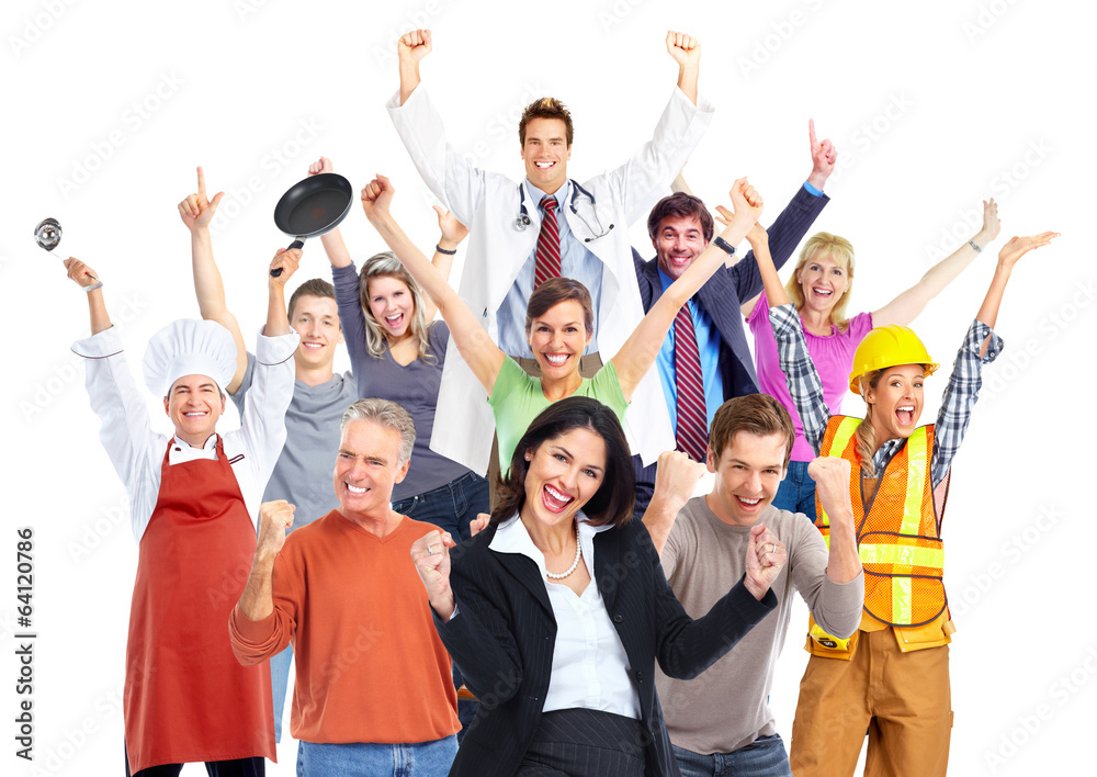 Group of happy workers people. - obrazy, fototapety, plakaty 