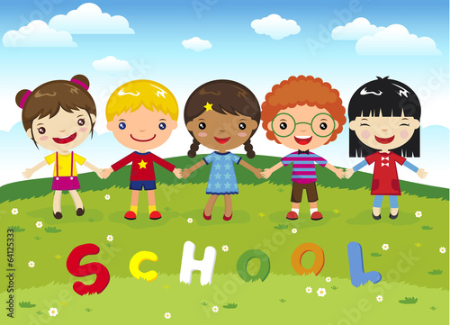 Cartoon happy kids school on grass