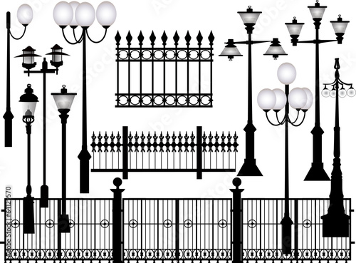 street lamps and fences collection isolated on white