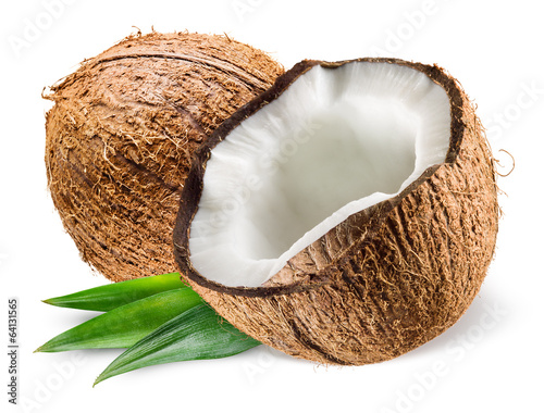 Coconut with leaf on white background #64131565