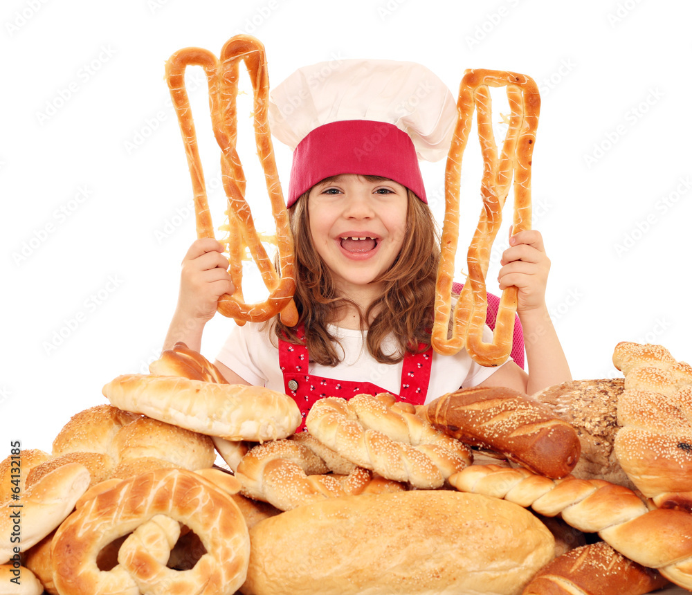 happy little girl cook with different bread bun and roll happy little girl cook with different bread bun and roll