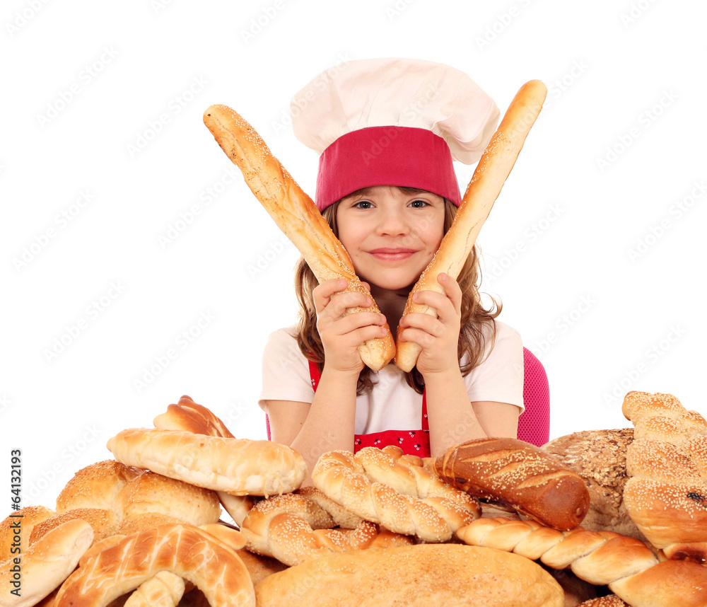 little girl cook with buns bread and pretzel little girl cook with buns bread and pretzel