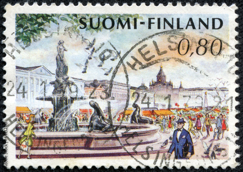 stamp shows Helsinki Market Place and Mermaid Fountain