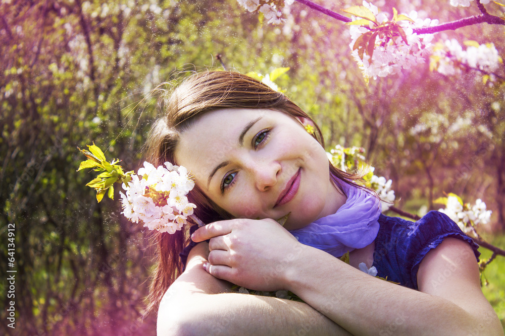 Fototapeta premium Woman and cherry blossom - spring