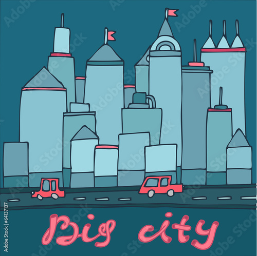 big city, skyscrapers cars cartoon