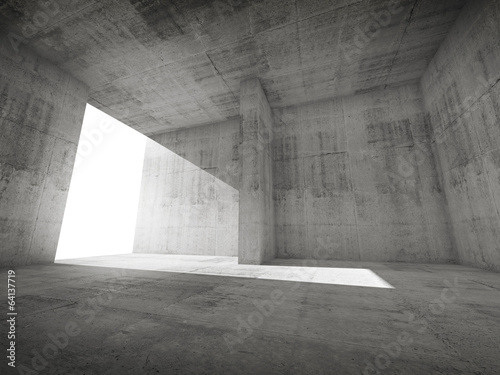 Abstract empty room interior with concrete walls and glowing doo