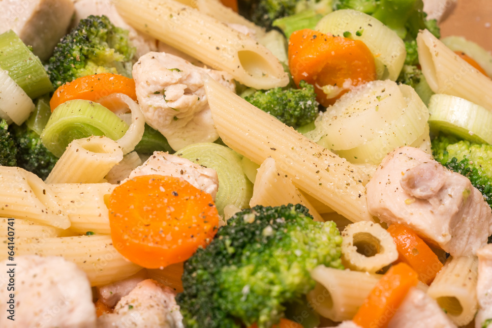 Italian Pasta With Broccoli, Carrots And Chicken Meat Italian Pasta With Broccoli, Carrots And Chicken Meat