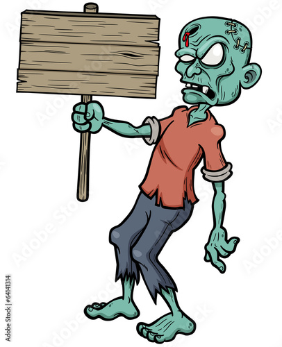 Vector illustration of Cartoon zombie holding wooden sign