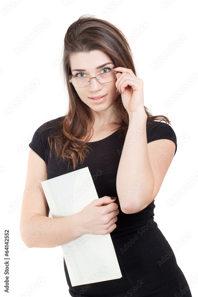 Portrait of business woman with paper folder, isolated on white Portrait of business woman with paper folder, isolated on white