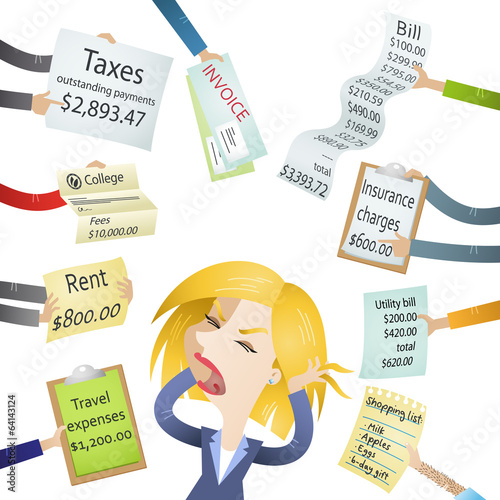 Frustrated woman, bills, signs, payment demands