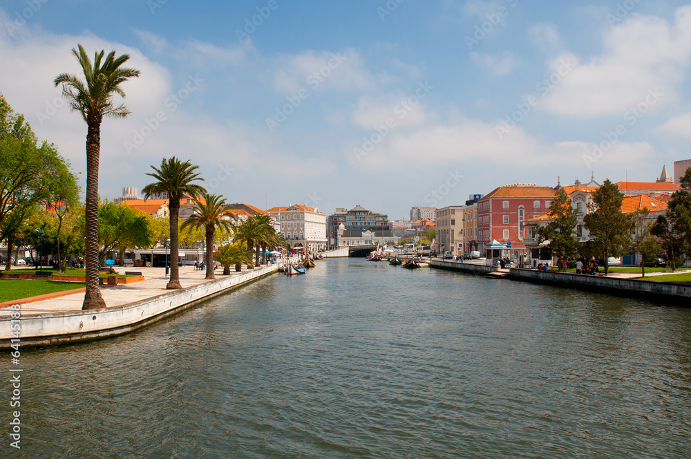 Aveiro city view. Boats on the river. Portugal.