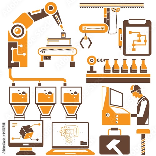 manufacturing, production line icons, orange icons